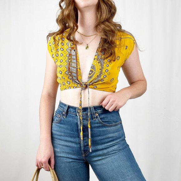 Vintage Silk Reversible Crop Top Open Back V-Neck Boho Hippie Floral Print Funky - Picture 3 of 6